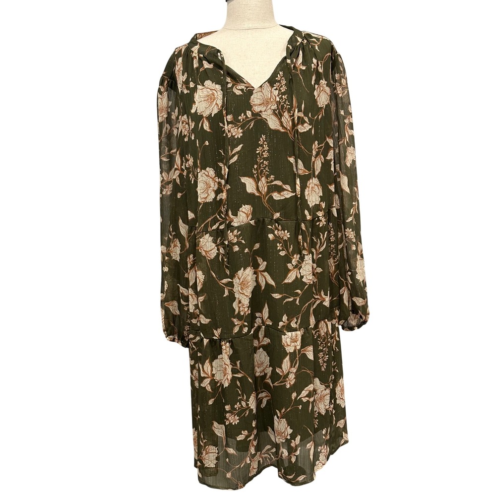 Indigo Rose Womens 2X Olive Green Floral Metallic‎ Tiered Long Sleeve Mini Dress